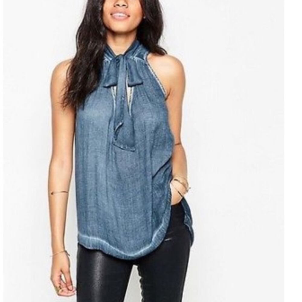 Free People Sleeveless Tie Neck Blue Top
